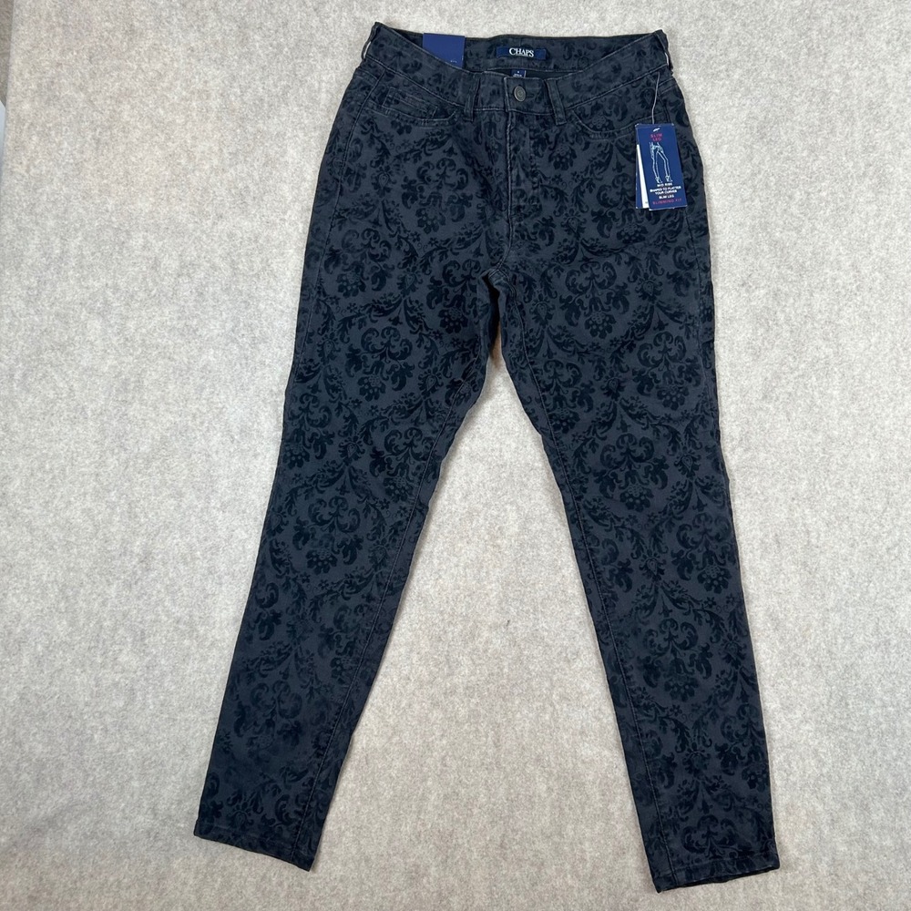 Chaps Slim Leg Pants Womens 6 Black Damask Flocked Velvet Mid Rise Slimming NWT
